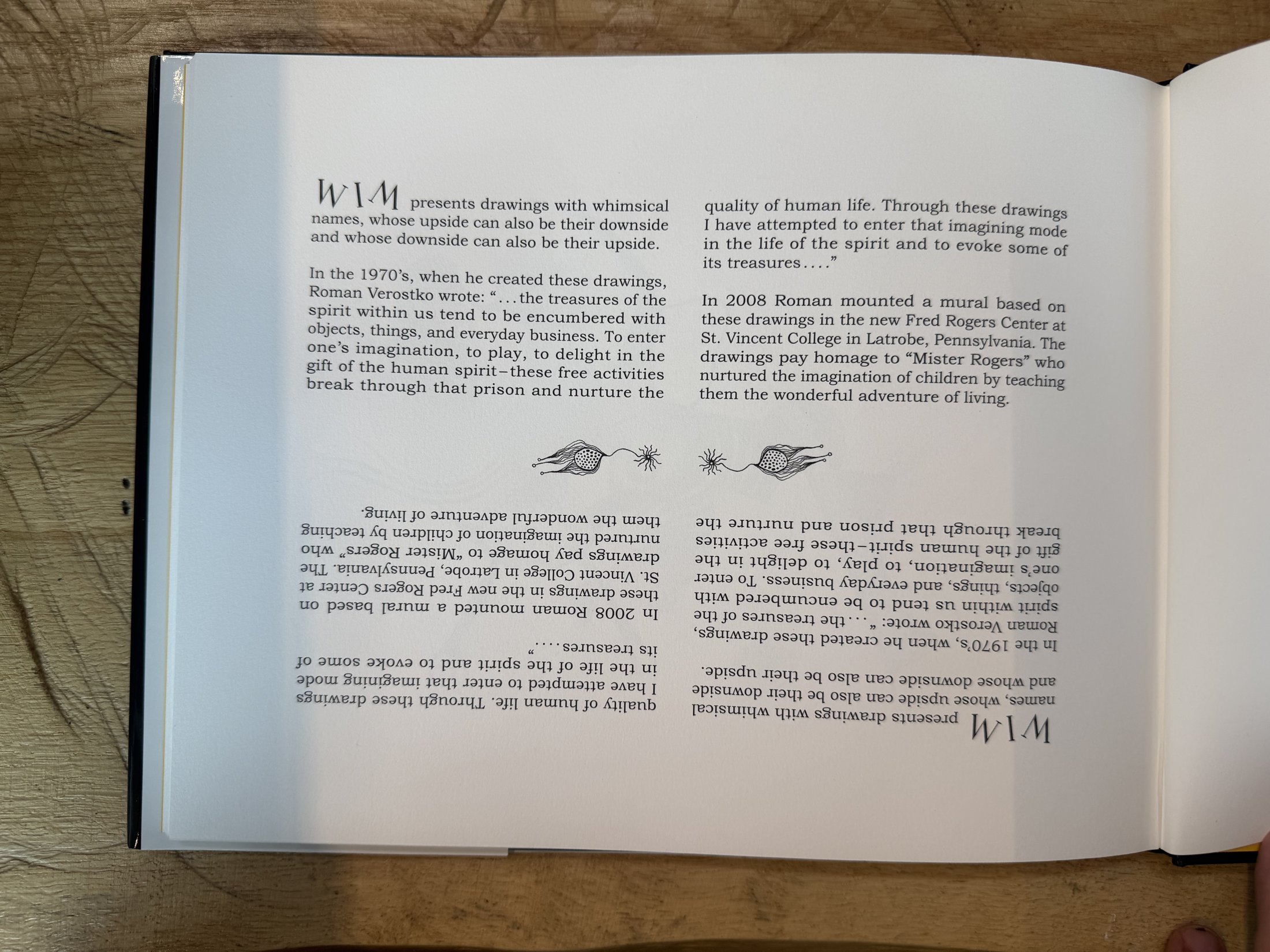 WIM introduction text, printed both right-side-up and inverted (the upsidedown-book conceit)