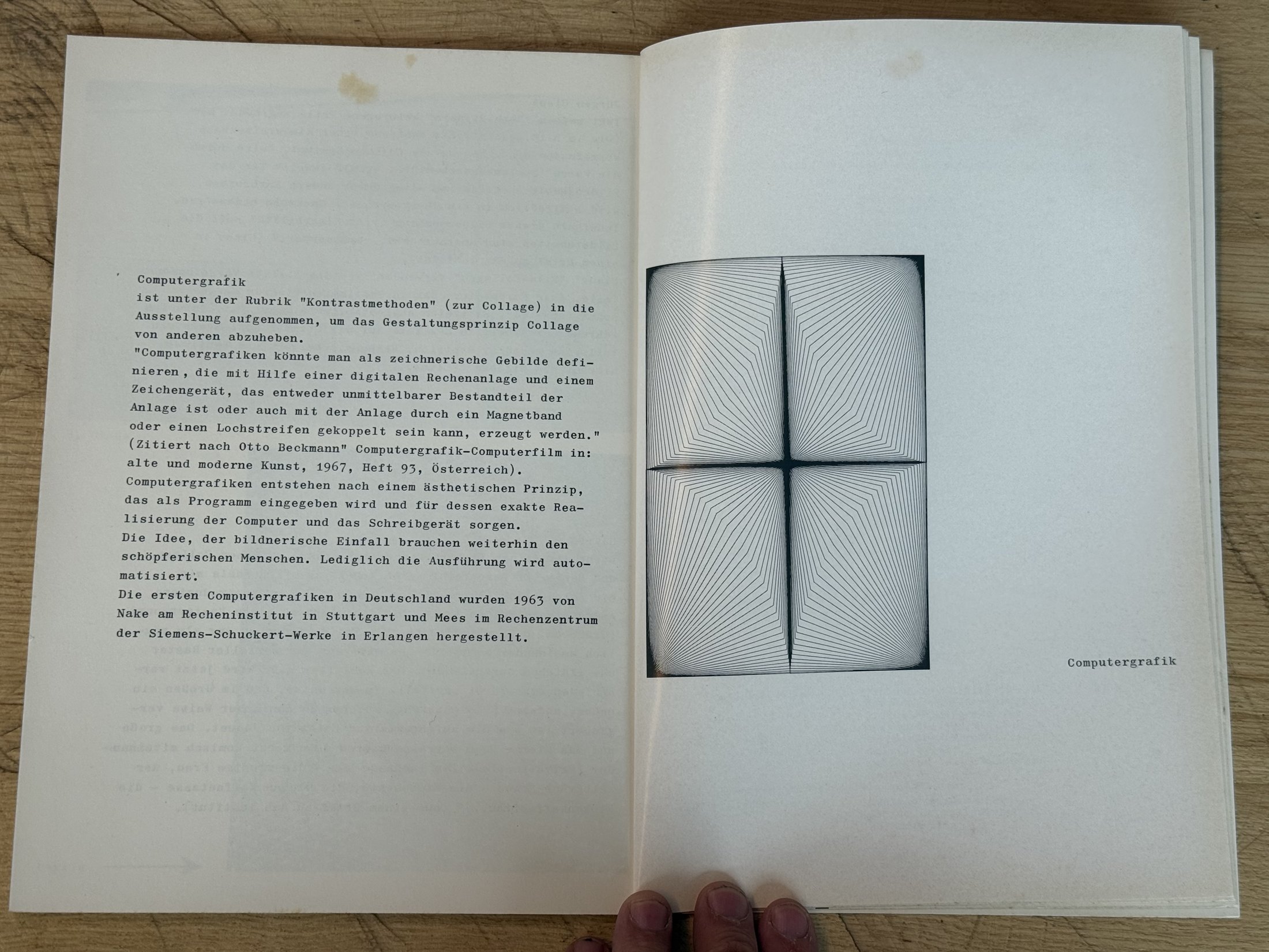 'Computergrafik' section (under 'Kontrastmethoden zur Collage') -- cites Otto Beckmann; notes the first German computer graphics, 1963, by Nake (Stuttgart) and Nees (Siemens, Erlangen); with a plotter plate