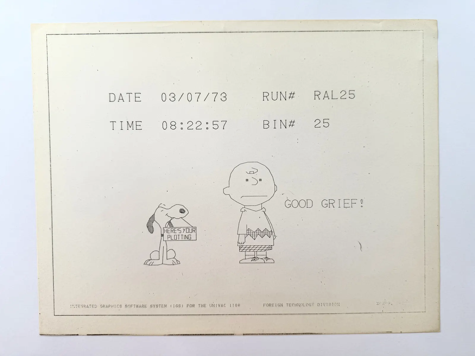 Vernacular, 'Here's Your Plotting' UNIVAC 1108 Separator Sheet (Run RAL25) by Unknown Artist
